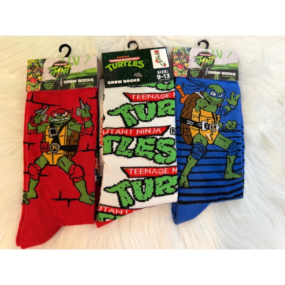 Teenage Mutant Ninja Turtles Crew Socks 3 Pair Bundle Raphael Leonardo TMNT Logo